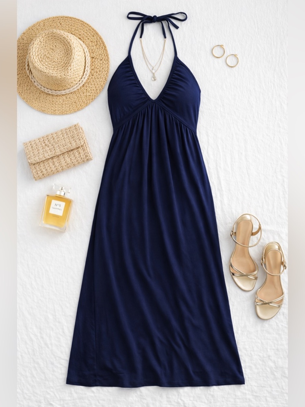 NWT Navy Halter Maxi Dress | Stretch | XSmall | Resort Wedding Guest Dress - Picture 3 of 4